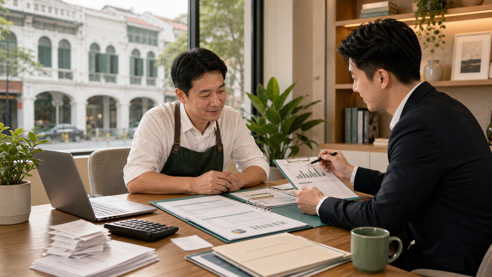 Singapore SME owner and financing advisor reviewing GST compliance and loan documents