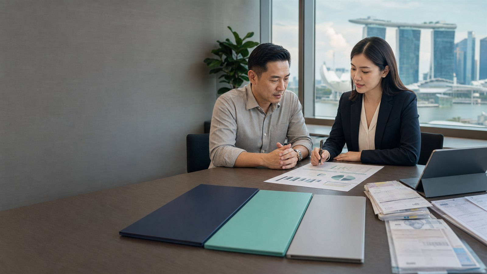 Singapore SME owner comparing overdraft, working capital loan and trade line options with a financing adviser