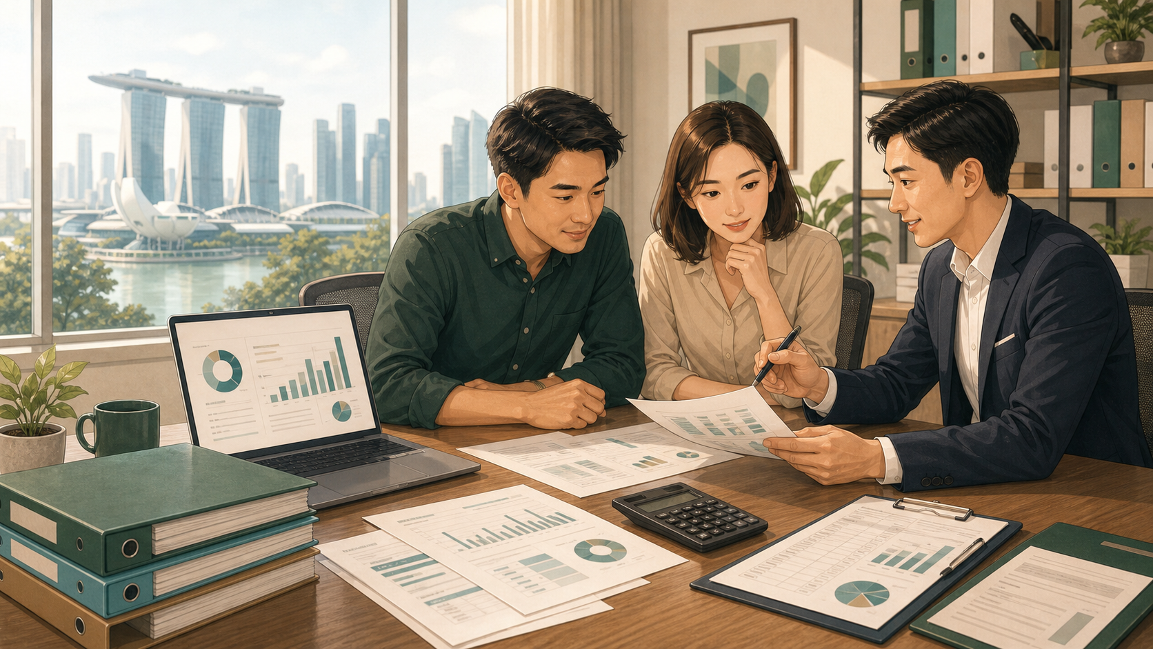 Singapore SME owners reviewing cashflow, conduct and business loan documents with an adviser