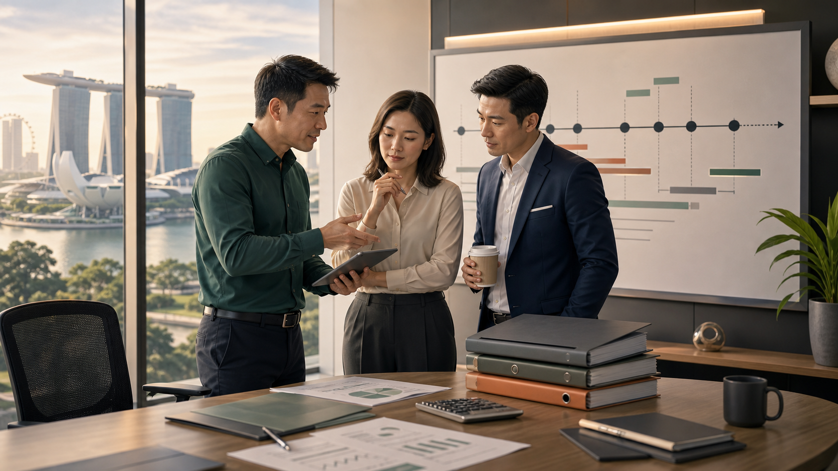 Singapore SME directors and advisor reviewing a business loan distress timeline