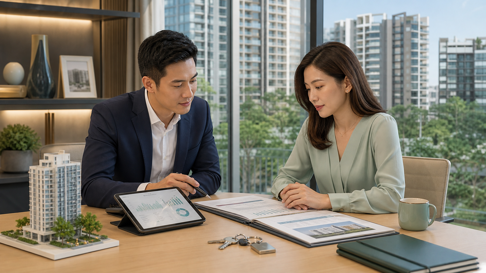 Singapore mortgage advisor reviewing refinance and hold or sell options for a 3-bedder condo owner