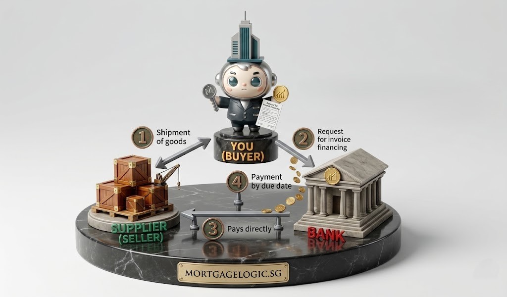 Purchase invoice financing trade cycle showing buyer, supplier, and bank payment flow
